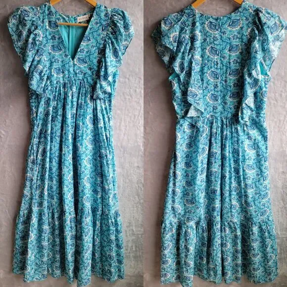 RHODE Aqua Lotus Tasha Midi Dress Size 4 Floral Print Flutter Cap Sleeve Ruffle - Picture 3 of 16